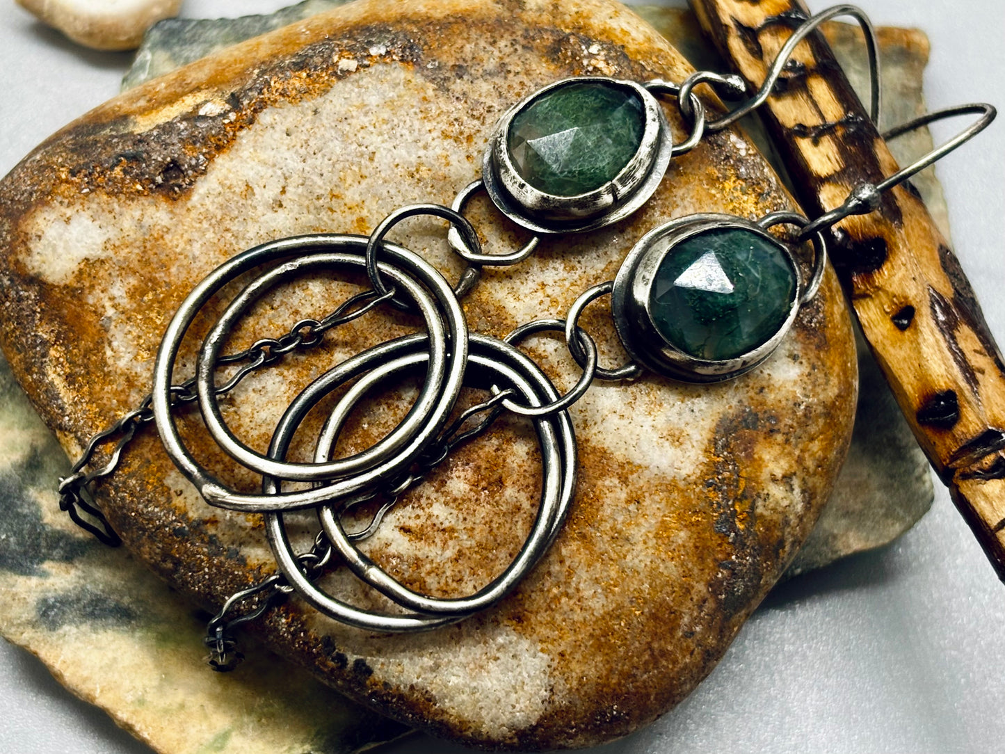 Sterling Silver Moss Agate Chain Hoop Earrings