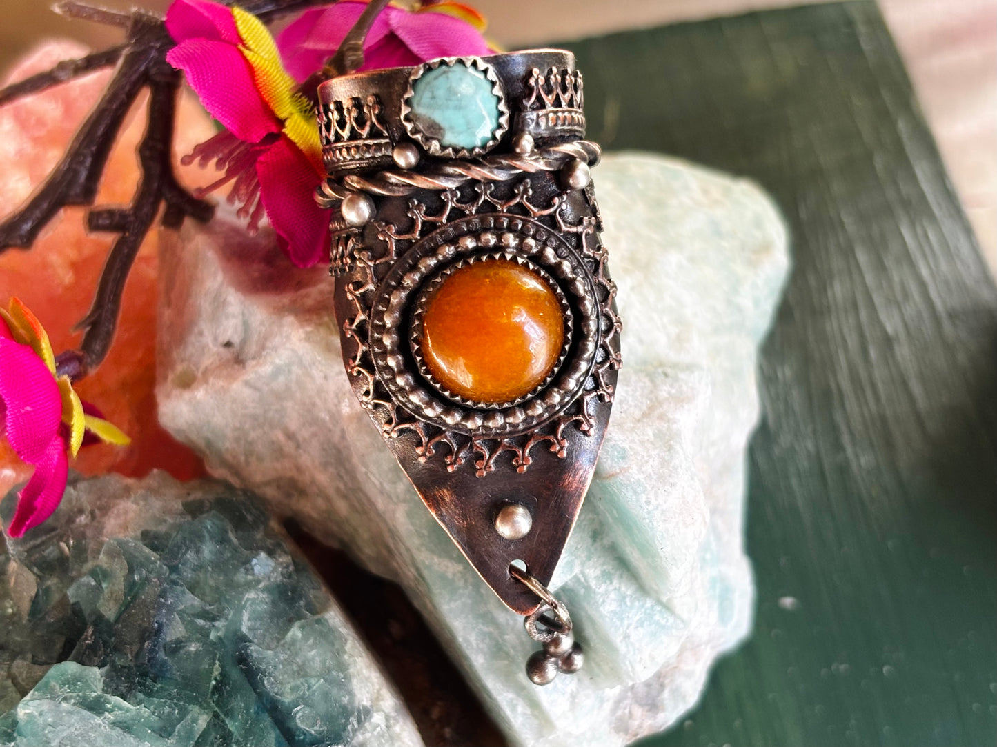Copper Silver Yellow Jade and Hubei Turquoise Adjustable Ring.
