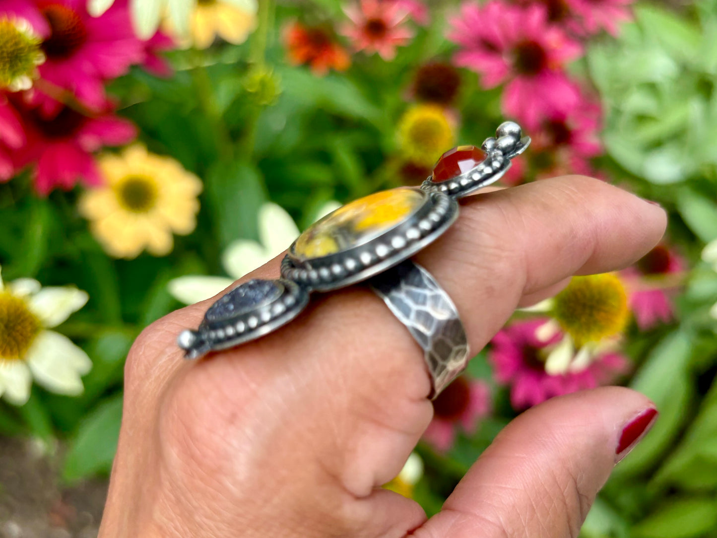 Bumblebee Jasper Faceted Carnelian and Black Druzy Adjustable Ring