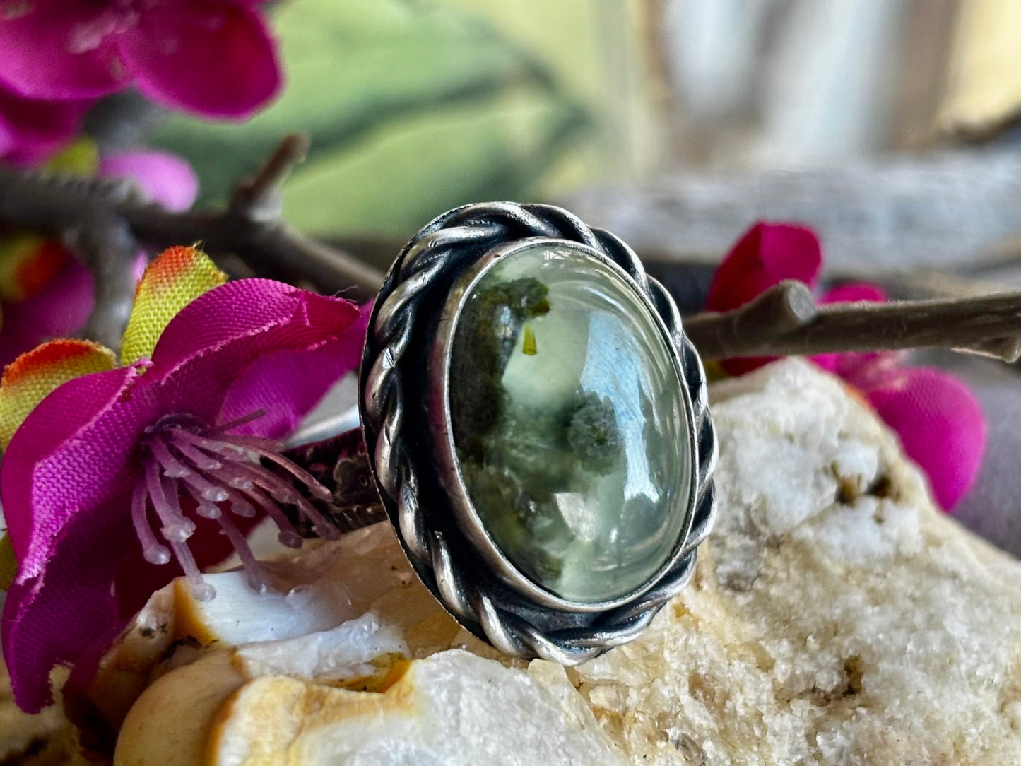 Sterling Silver Prehnite Adjustable Ring