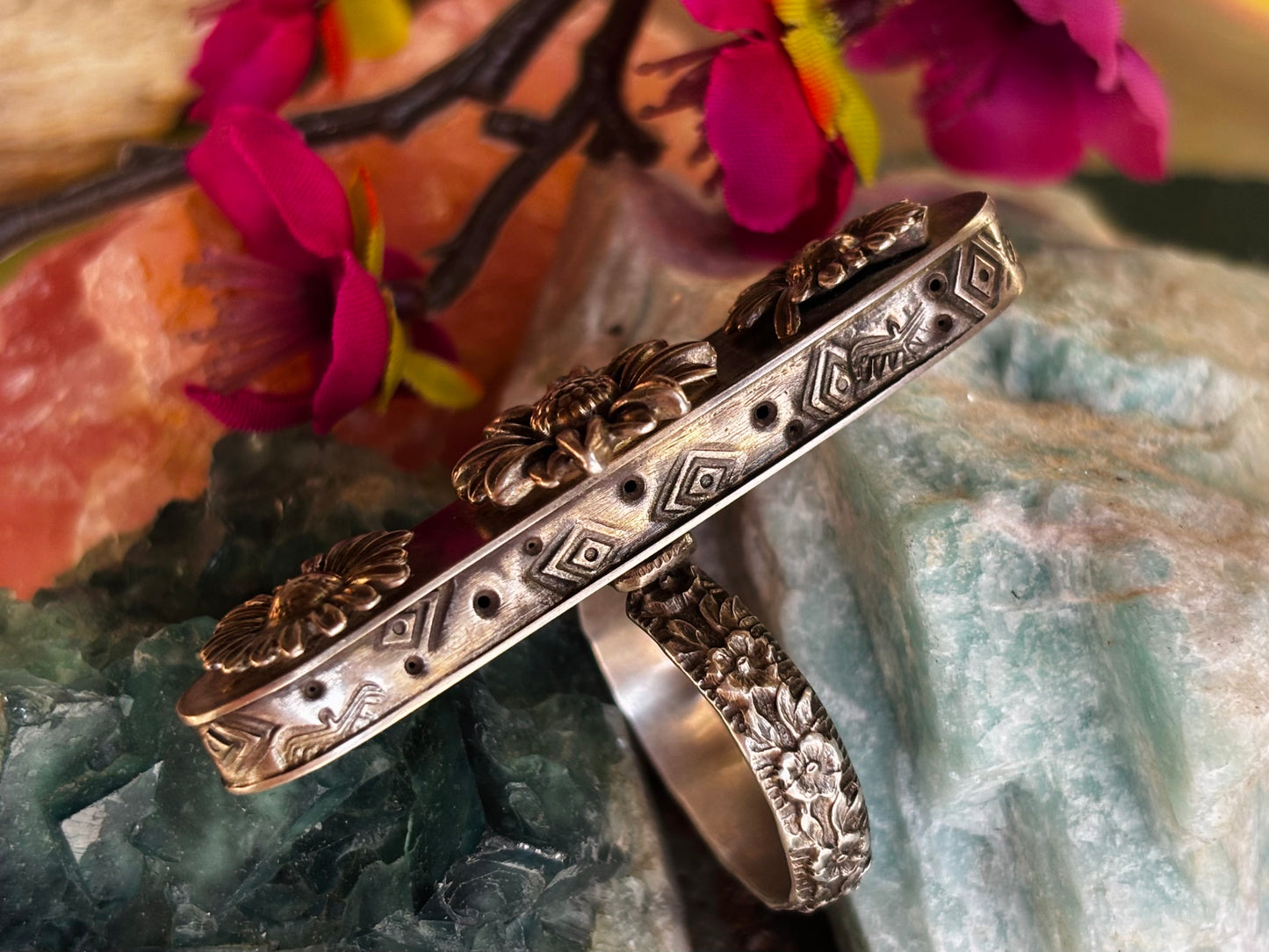 Sterling Silver Sunflower Hollow Box Form Shaker Adjustable Ring