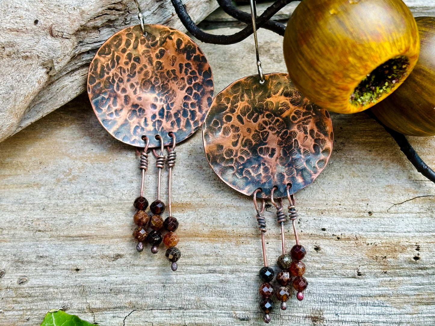 Copper Silver Garnet Disc Earrings