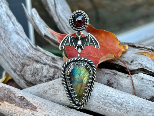 Halloween Big Bat Labradorite Garnet Sterling Silver Custom Adjustable Ring