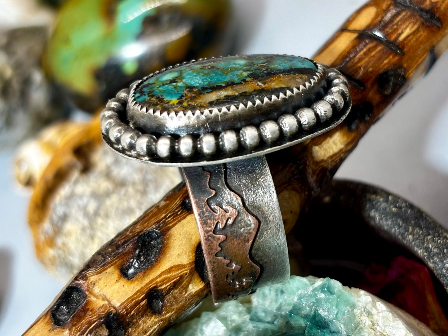 Sterling Silver  Copper Hubei Turquoise Adjustable Ring
