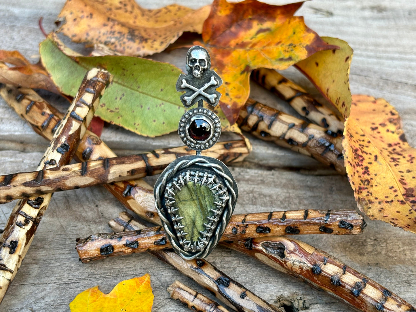 Halloween Sterling Silver with Copper Webbed Band Skull Crossbones Labradorite Garnet Ring