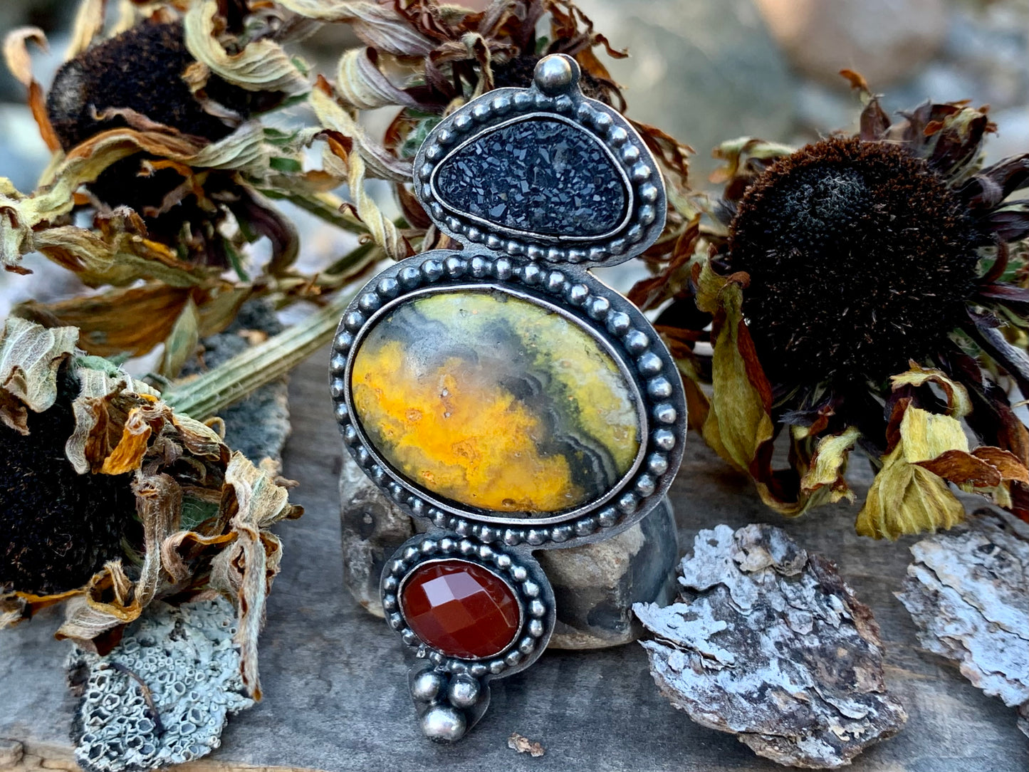 Bumblebee Jasper Faceted Carnelian and Black Druzy Adjustable Ring