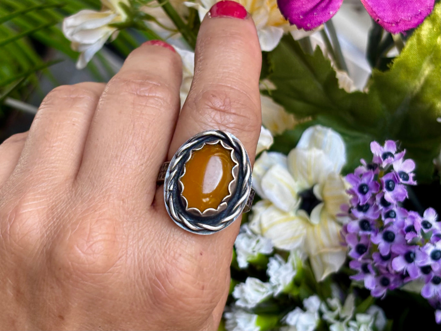 Sterling Silver Twisted Yellow Jade Adjustable Ring