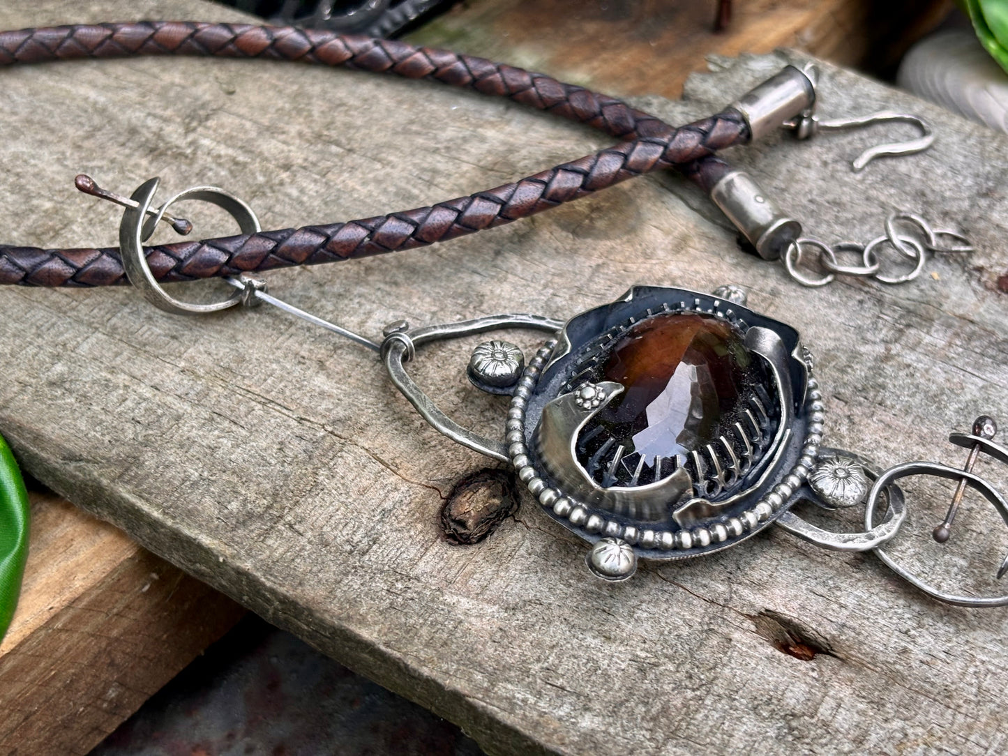 Sterling Silver Smokey Quartz Citrine Amber heart  Choker Necklace