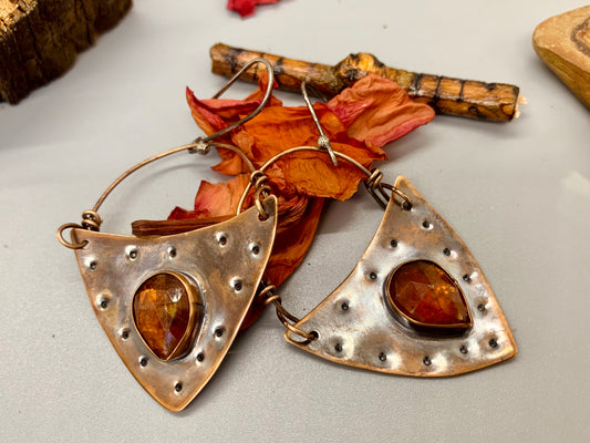 Orange Kyanite Bronze and Sterling Silver Shield Earrings