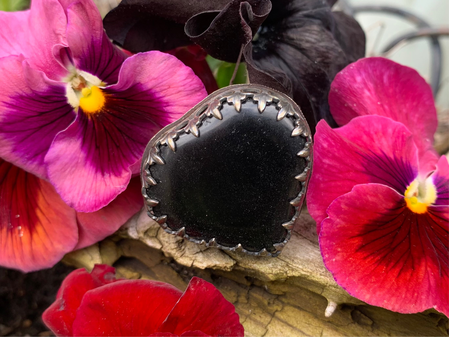 Sterling Silver Black Obsidian Fancy Heart Adjustable Ring #3