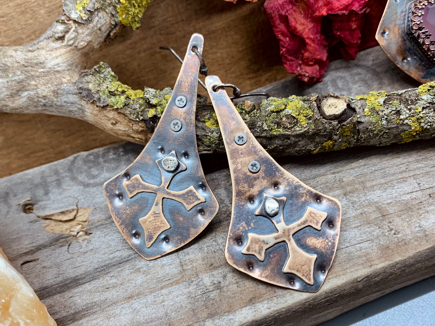 Viking Style Bronze Silver Cross Earrings