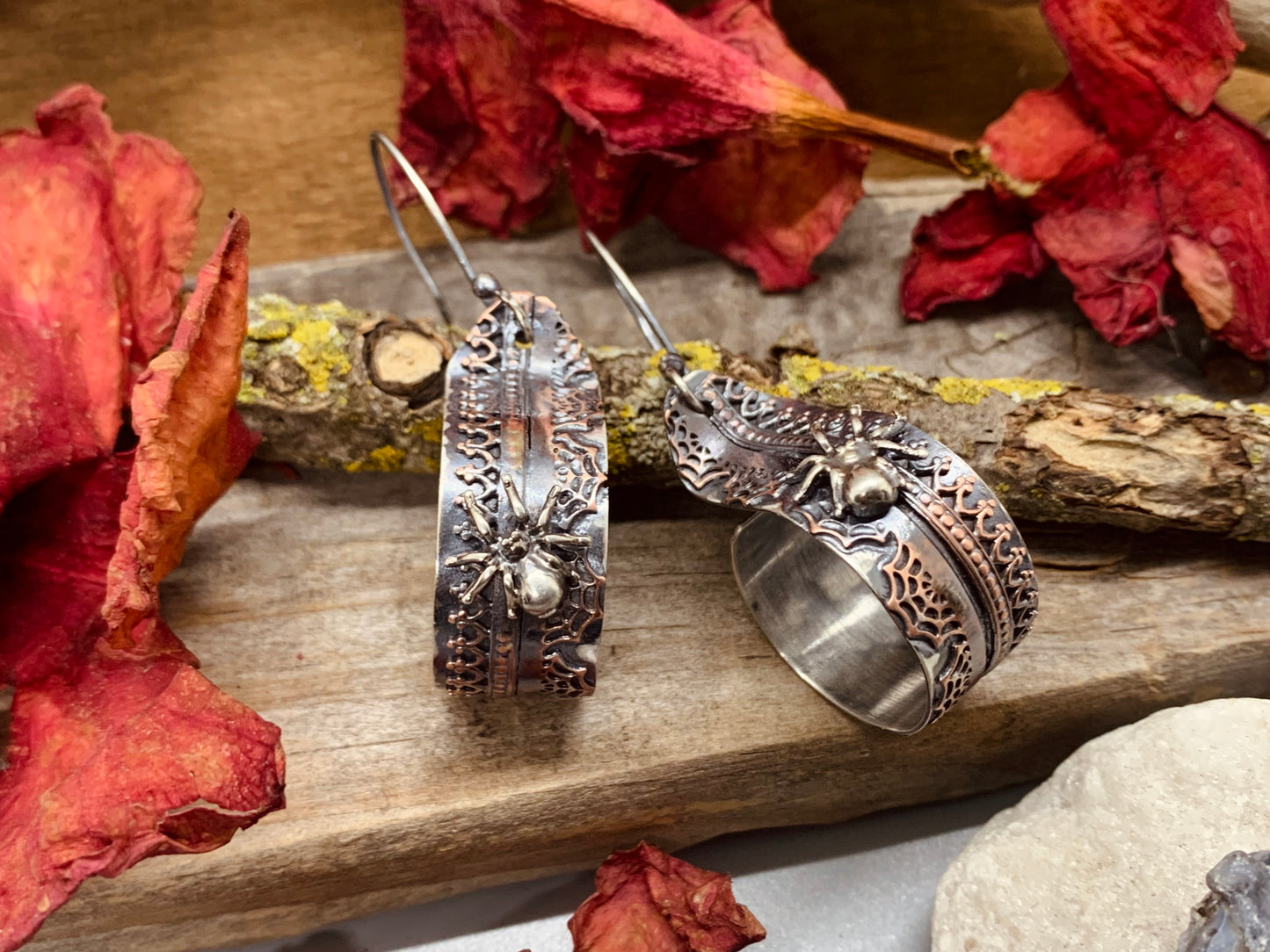 Halloween Sterling Silver and Copper Spider Webbed Hoop Earrings (2)