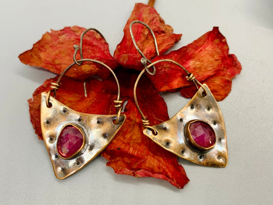 Thailand Pink Sapphire Bronze Silver Shield Earrings