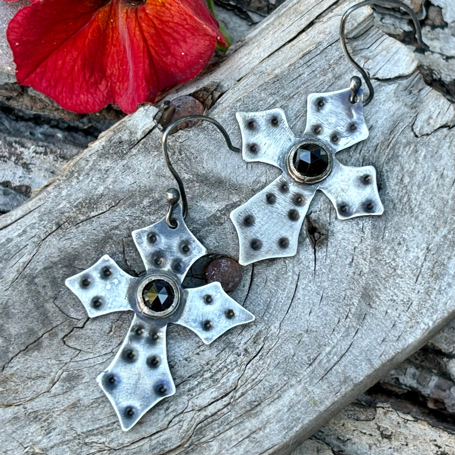 Sterling Silver Black Spinel Cross Earrings