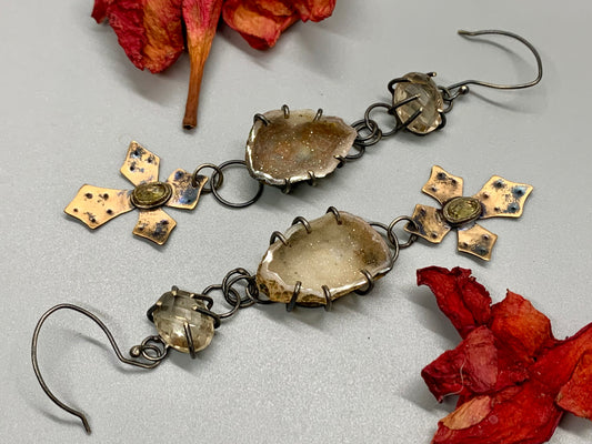 Sterling Silver and Bronze Golden Rutile Druzy Quartz Tourmaline Gemstone Earrings
