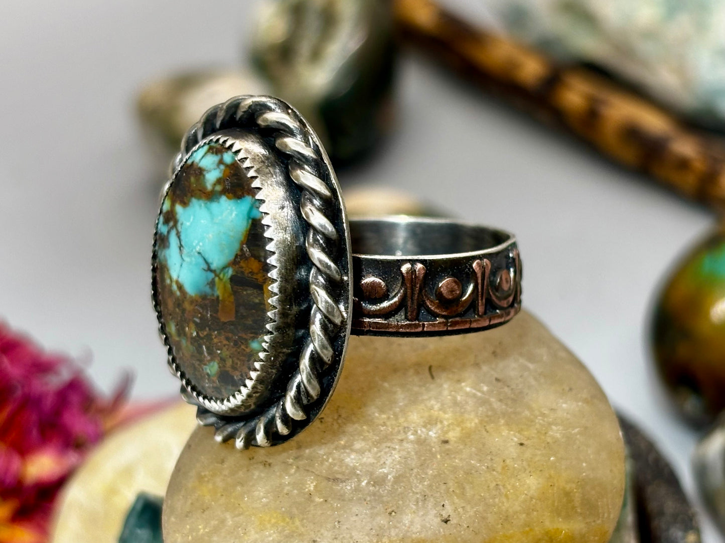 Sterling Silver Copper Hubei Turquoise Adjustable Ring (B)