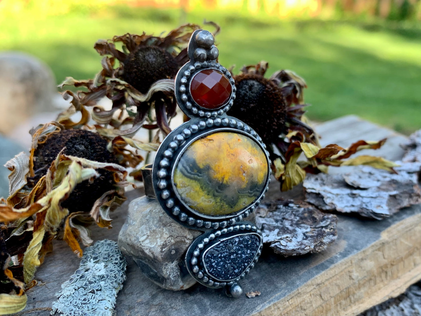 Bumblebee Jasper Faceted Carnelian and Black Druzy Adjustable Ring