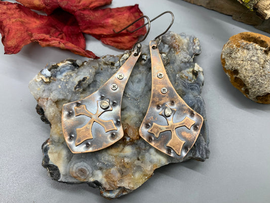 Viking Style Bronze Silver Cross Earrings