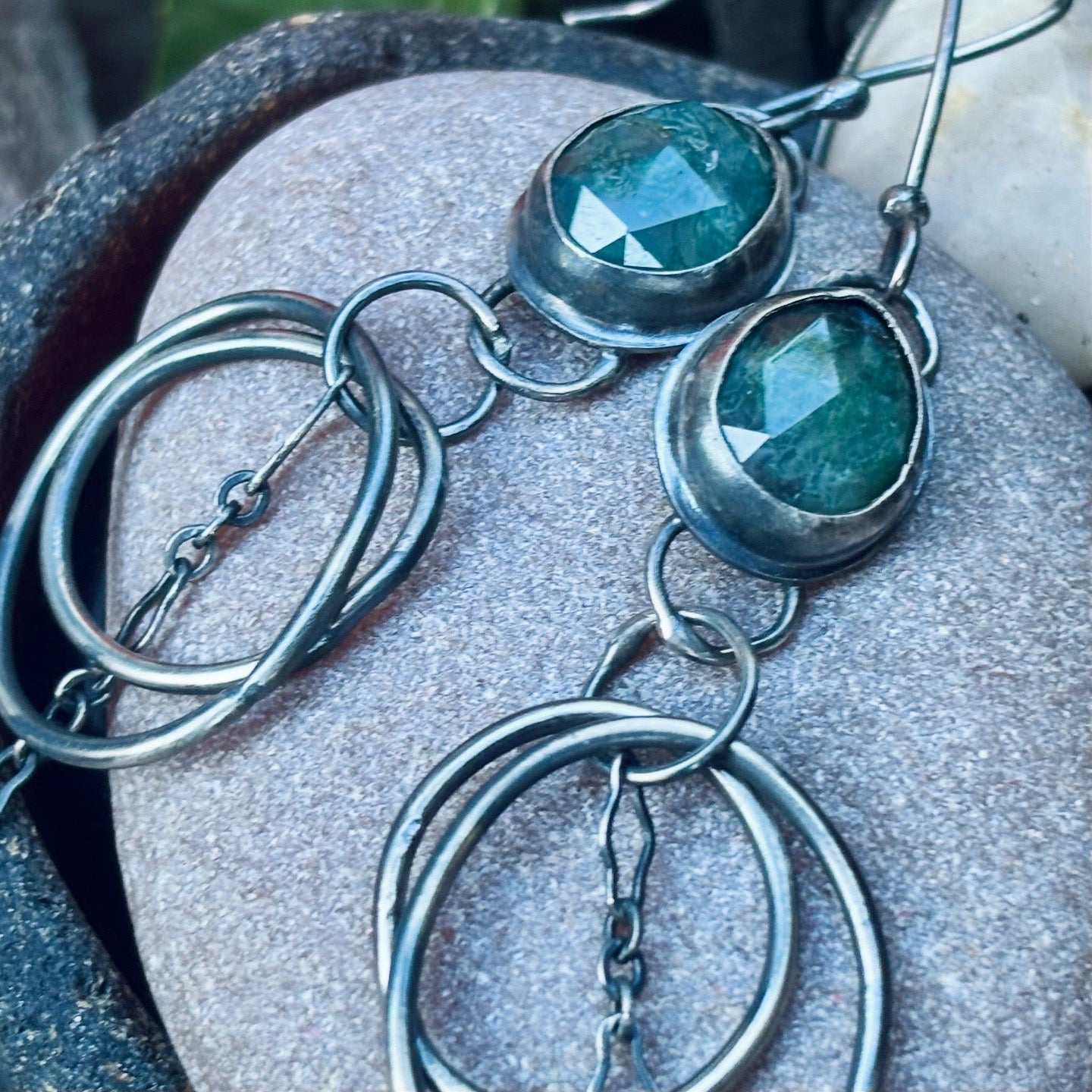 Sterling Silver Moss Agate Chain Hoop Earrings