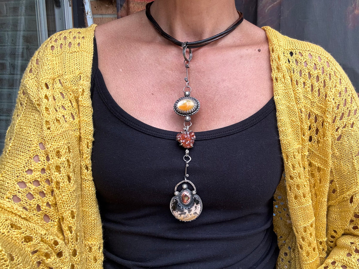 Mother of Pearl Vandinite Cantera Opal Petrified Palm Root Choker Necklace