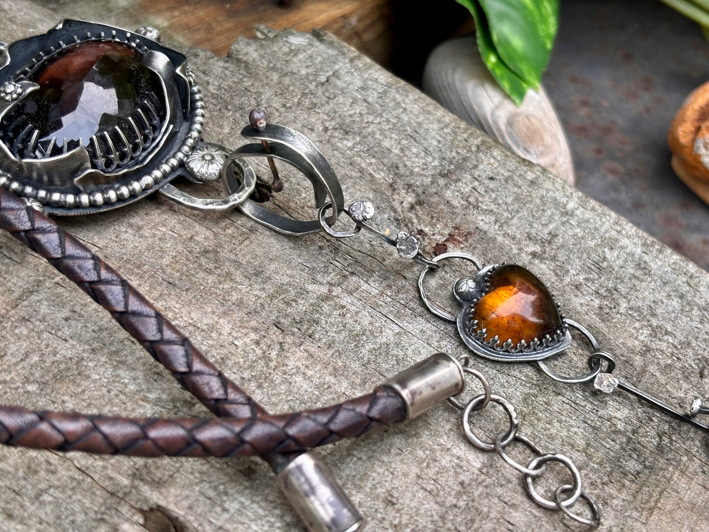 Sterling Silver Smokey Quartz Citrine Amber heart  Choker Necklace