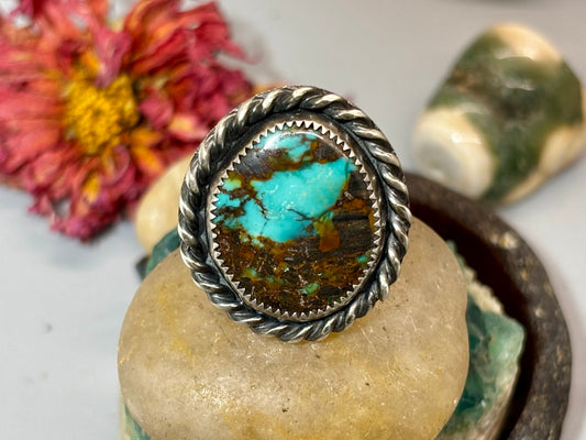 Sterling Silver Copper Hubei Turquoise Adjustable Ring (B)