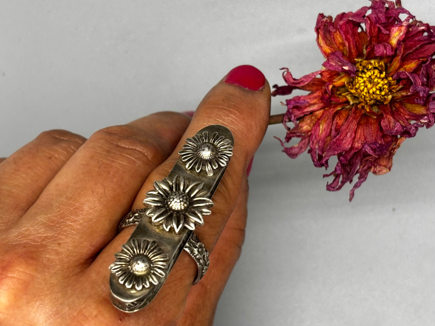 Sterling Silver Sunflower Hollow Box Form Shaker Adjustable Ring