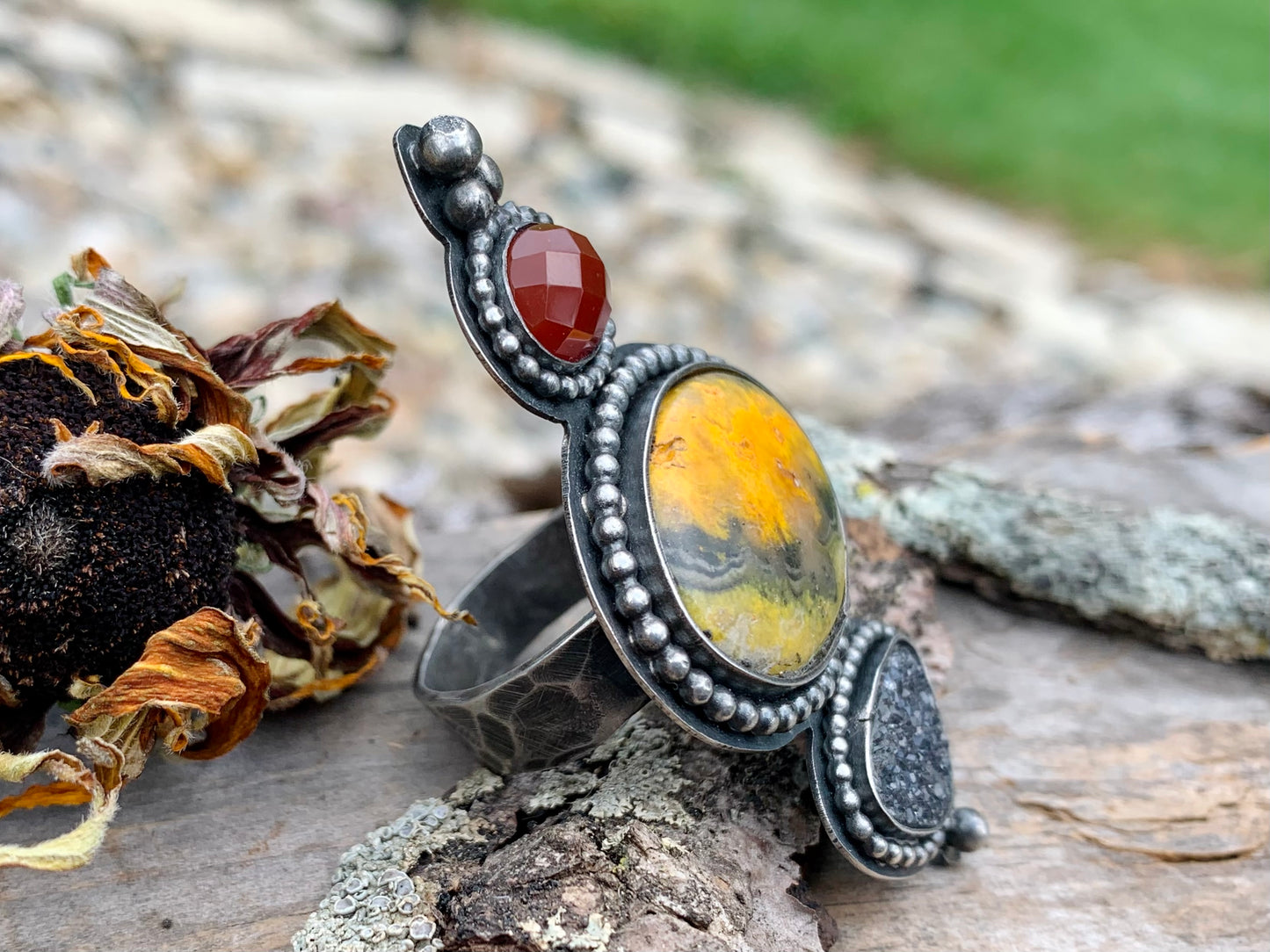 Bumblebee Jasper Faceted Carnelian and Black Druzy Adjustable Ring