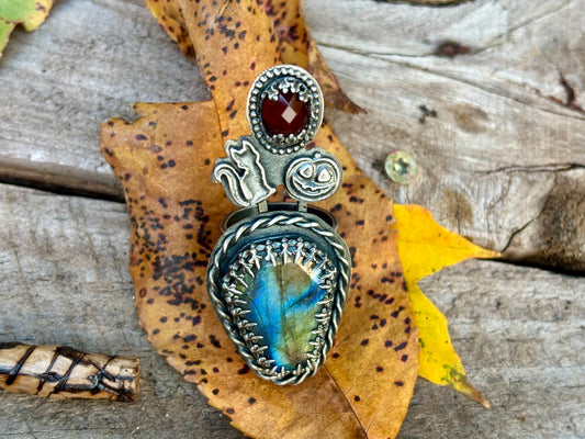 Sterling Silver Pumpkin Cat Labradorite and Rose Cut Carnelian Adjustable Ring