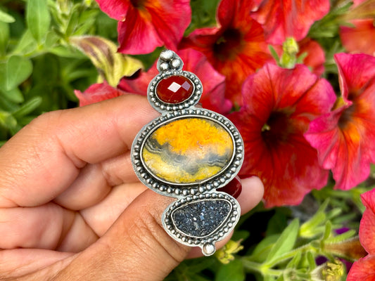 Bumblebee Jasper Faceted Carnelian and Black Druzy Adjustable Ring
