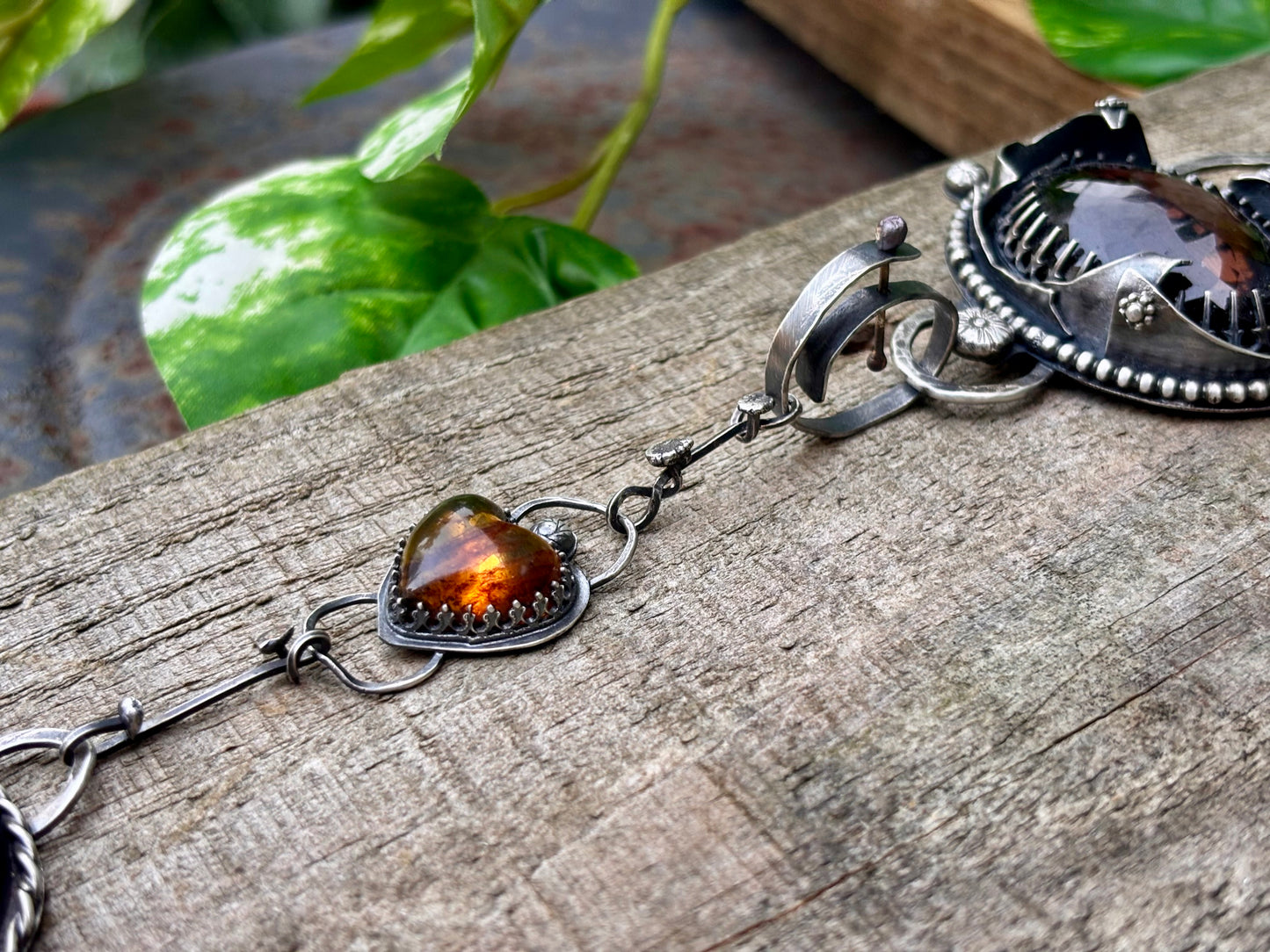 Sterling Silver Smokey Quartz Citrine Amber heart  Choker Necklace