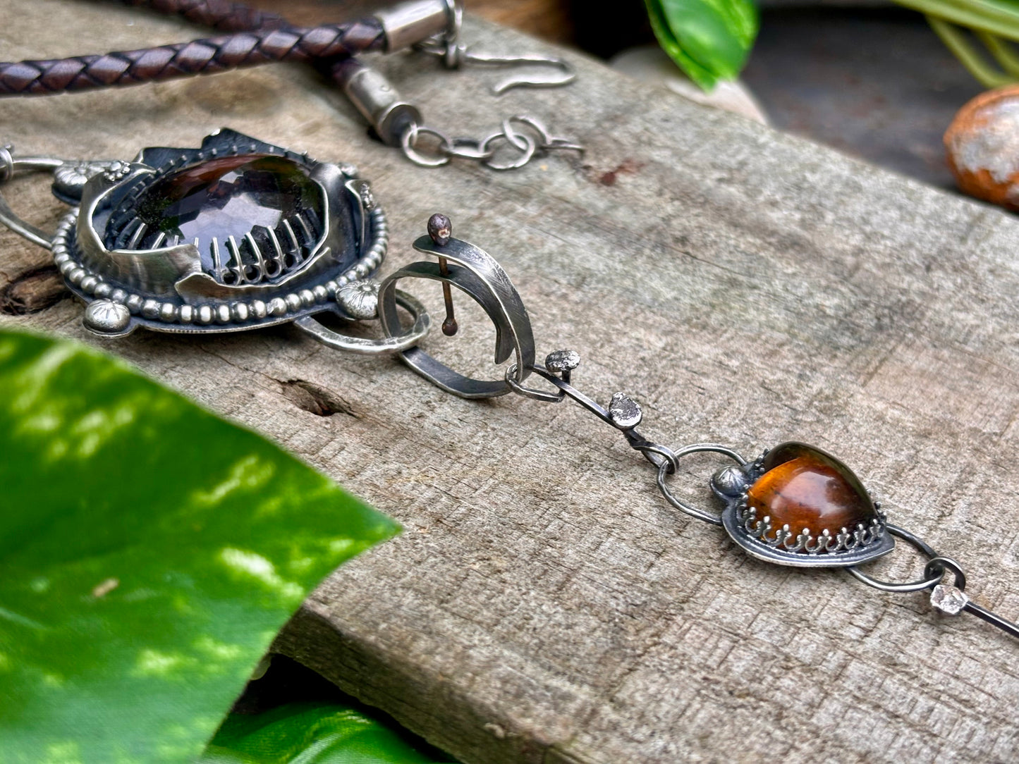 Sterling Silver Smokey Quartz Citrine Amber heart  Choker Necklace