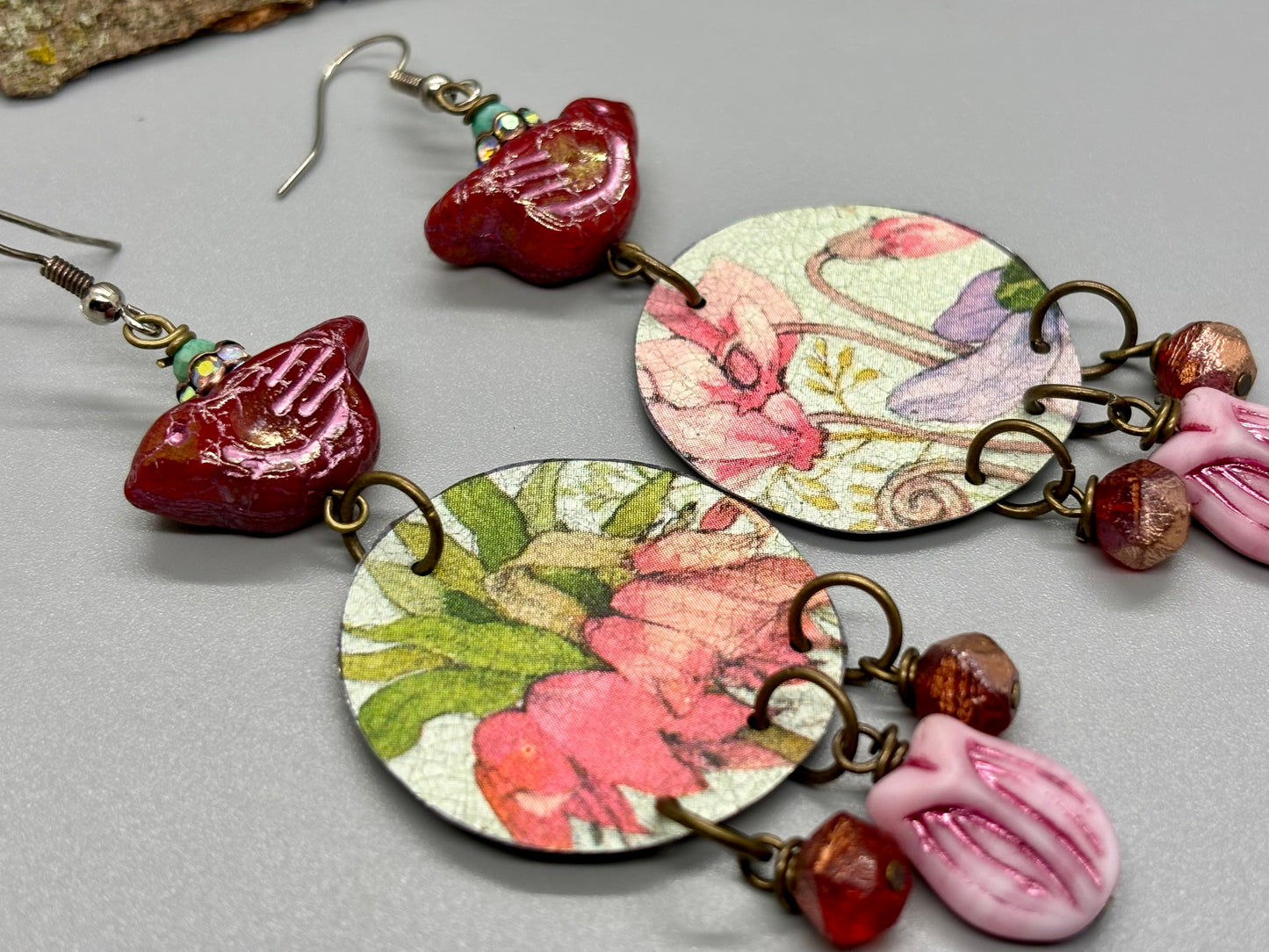 Pink Birdie Floral Dangle Earrings