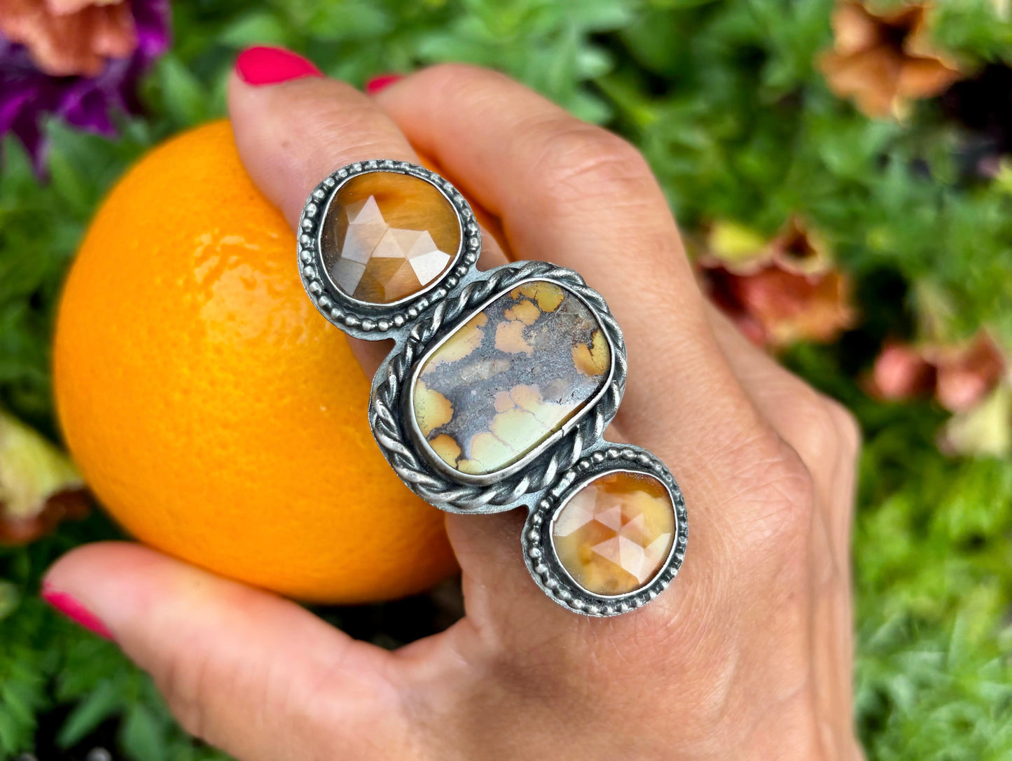 Sterling Silver Bamboo Mountain Turquoise Rutile Quartz Adjustable Ring