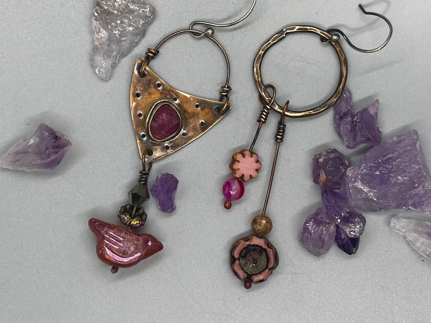 Asymmetrical Pink Birdie Beaded Earrings