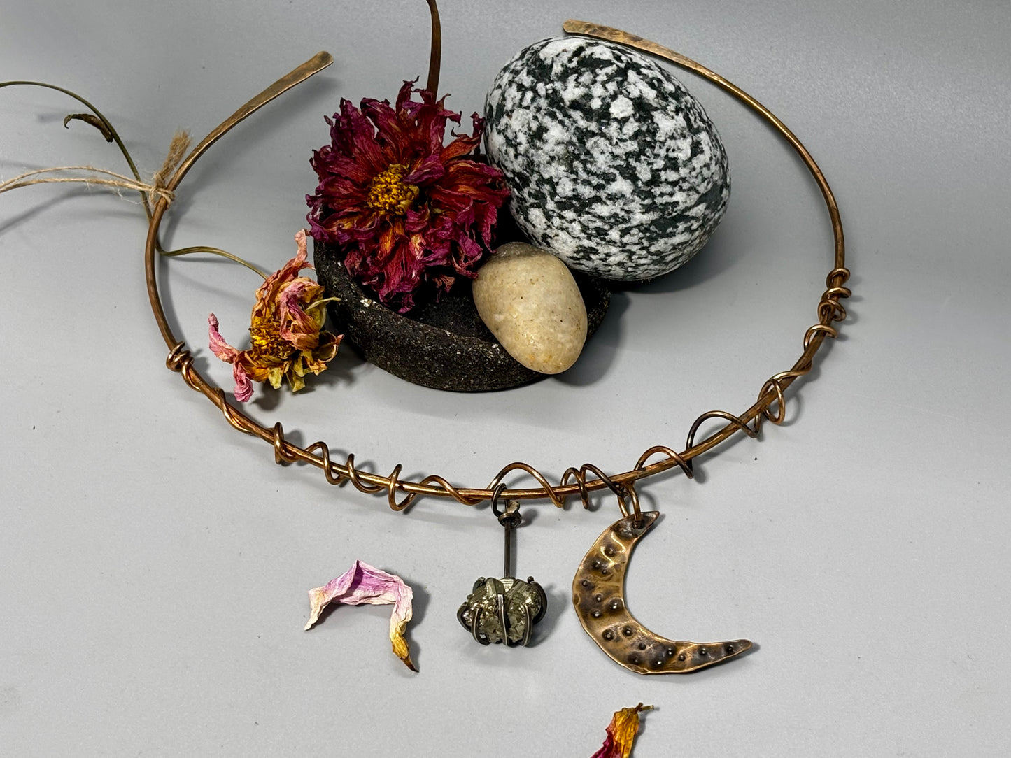 Crescent Moon Pyrite Choker Necklace