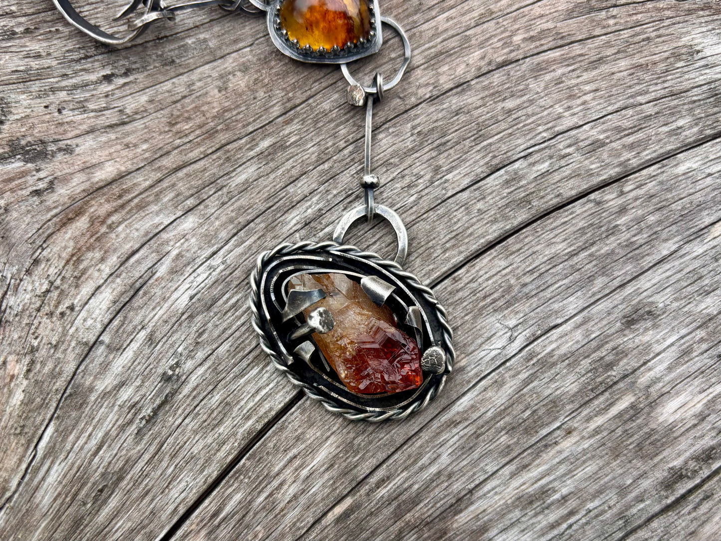 Sterling Silver Smokey Quartz Citrine Amber heart  Choker Necklace