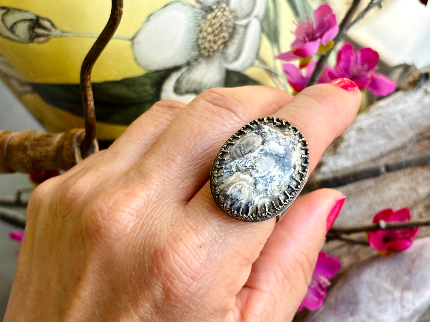 Sterling Silver Crazy Lace Agate Adjustable Ring