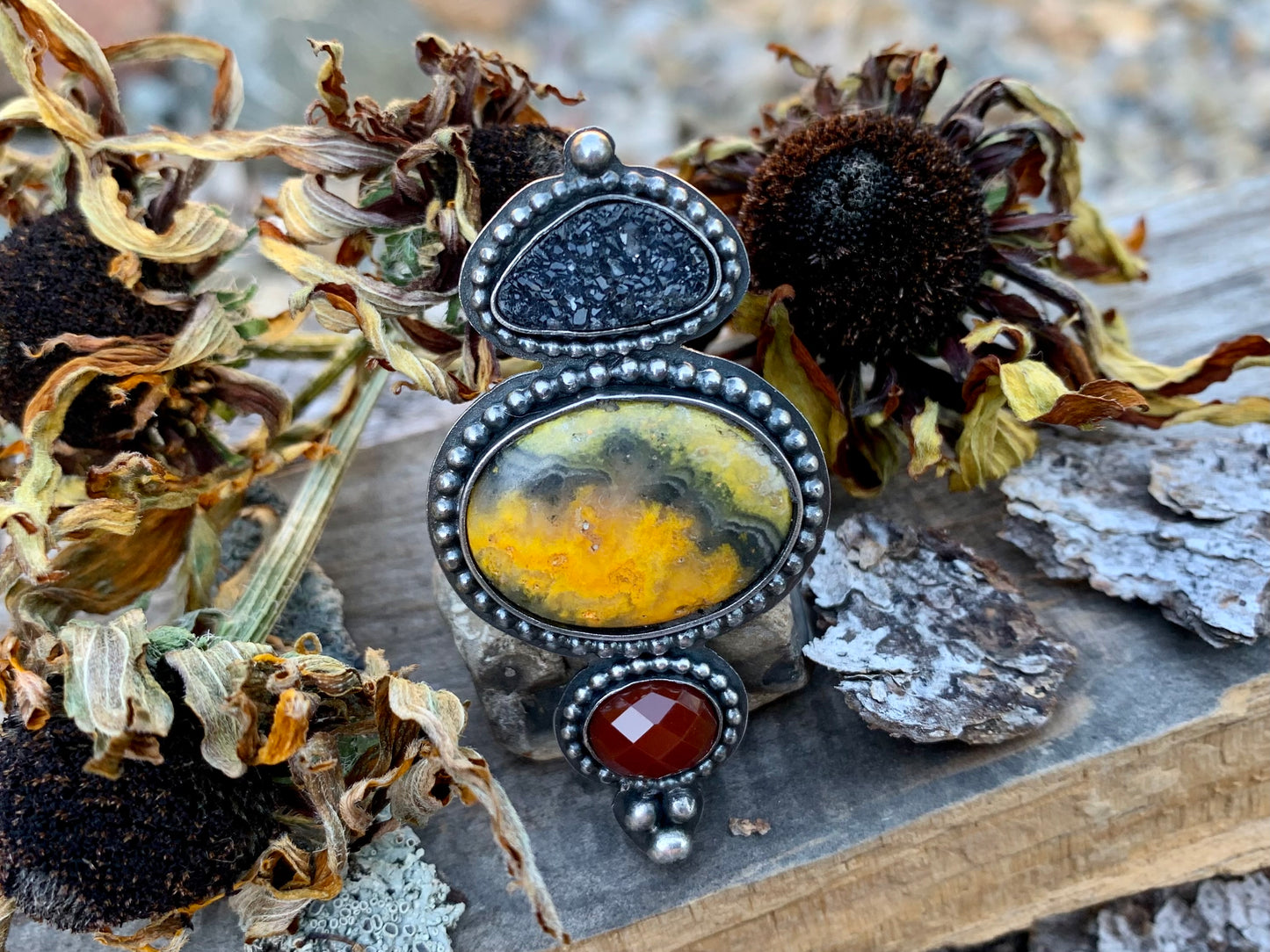 Bumblebee Jasper Faceted Carnelian and Black Druzy Adjustable Ring