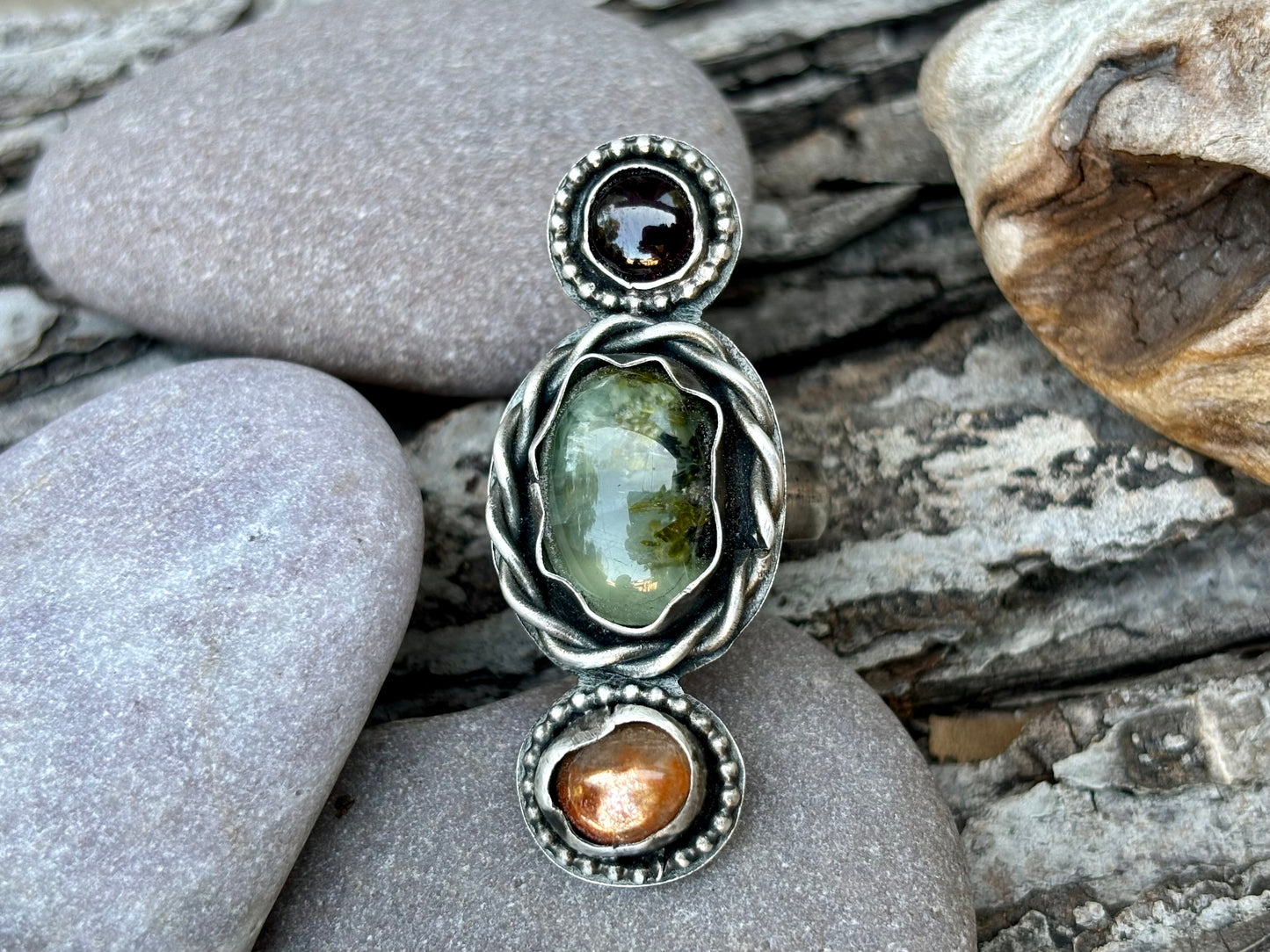 Sterling Silver Garnet Prehnite Sunstone Custom Adjustable Ring