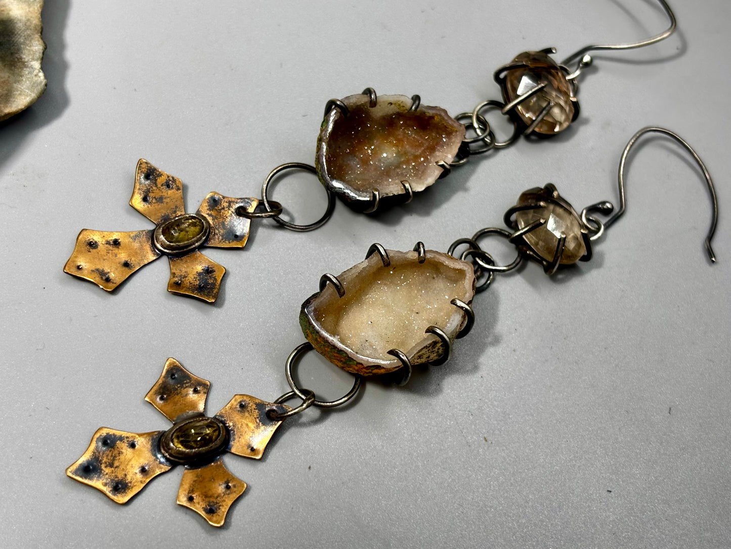 Sterling Silver and Bronze Golden Rutile Druzy Quartz Tourmaline Gemstone Earrings