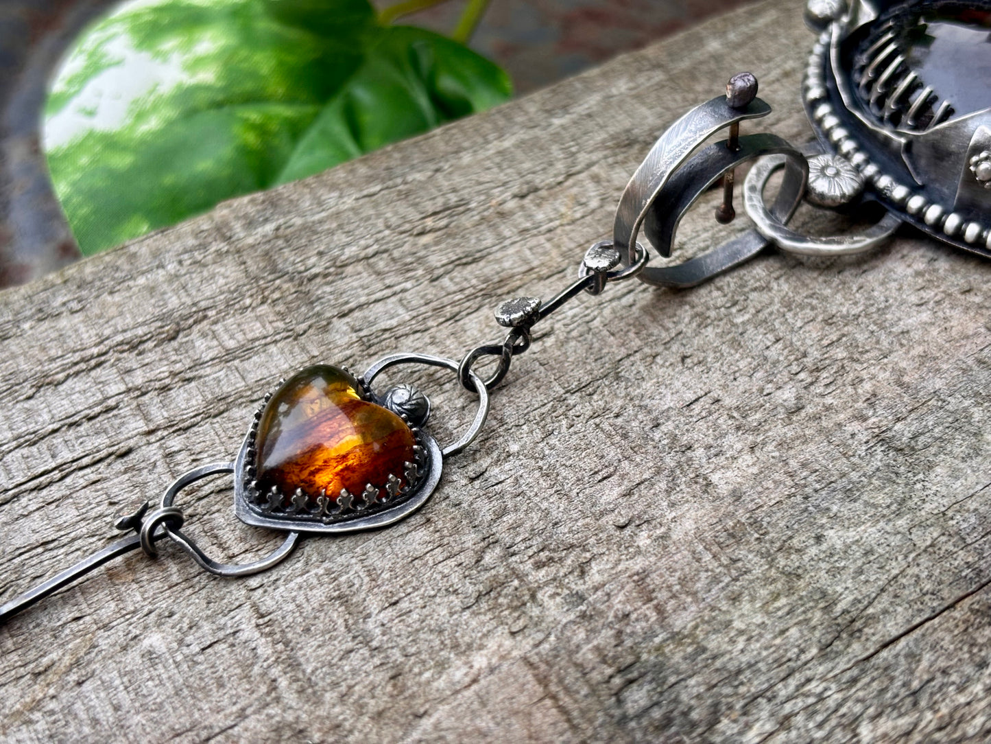Sterling Silver Smokey Quartz Citrine Amber heart  Choker Necklace