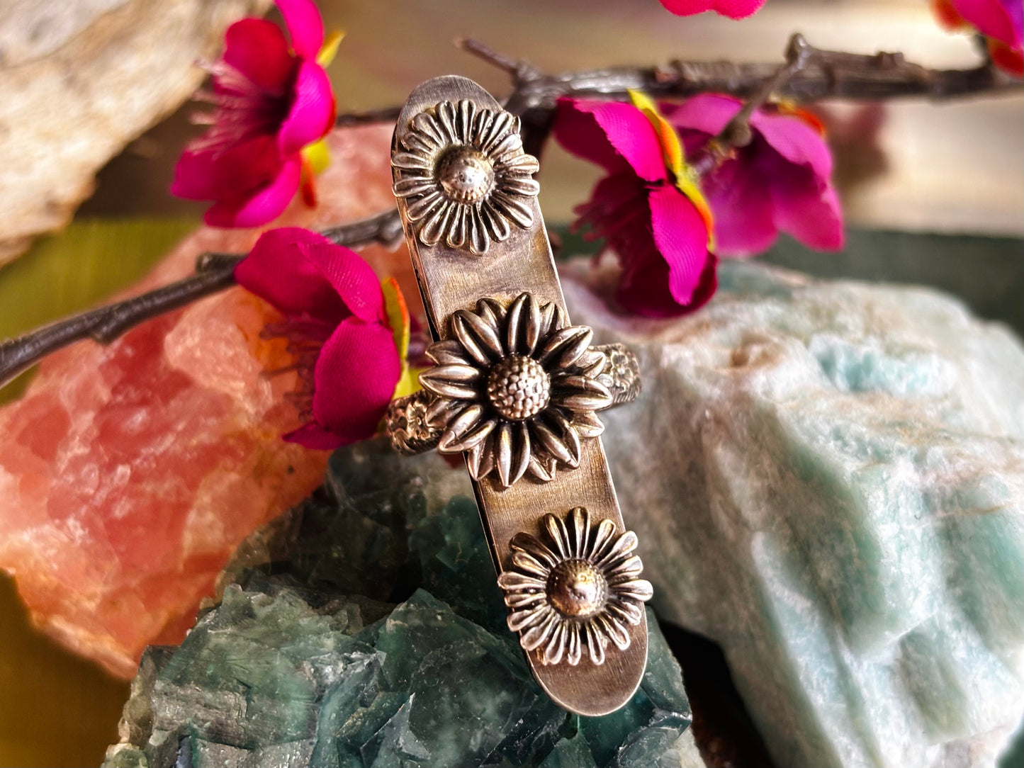 Sterling Silver Sunflower Hollow Box Form Shaker Adjustable Ring