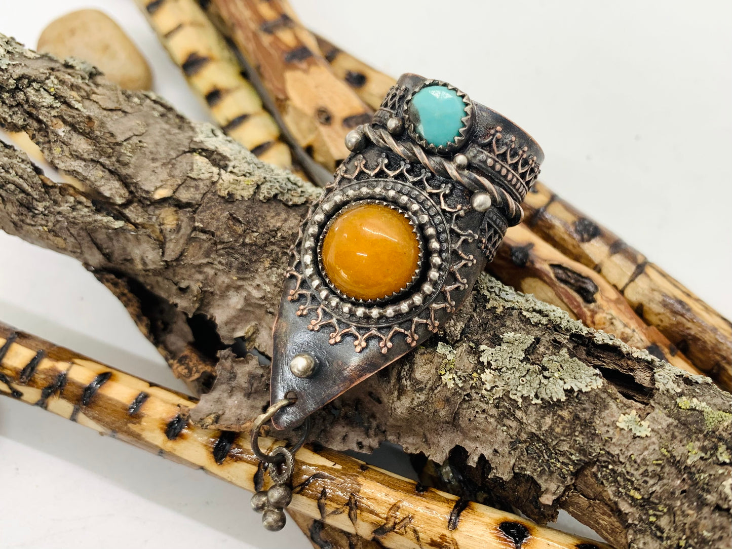 Eclectic Copper Silver Yellow Jade and Hubei Turquoise Adjustable Ring. A