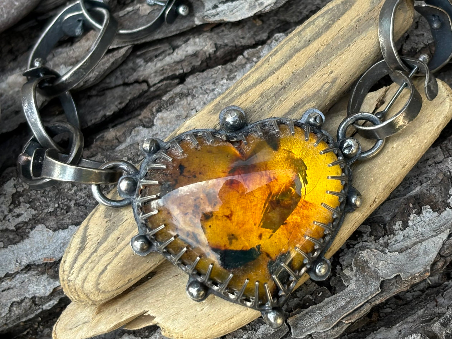 Sterling Silver Amber Heart Bracelet