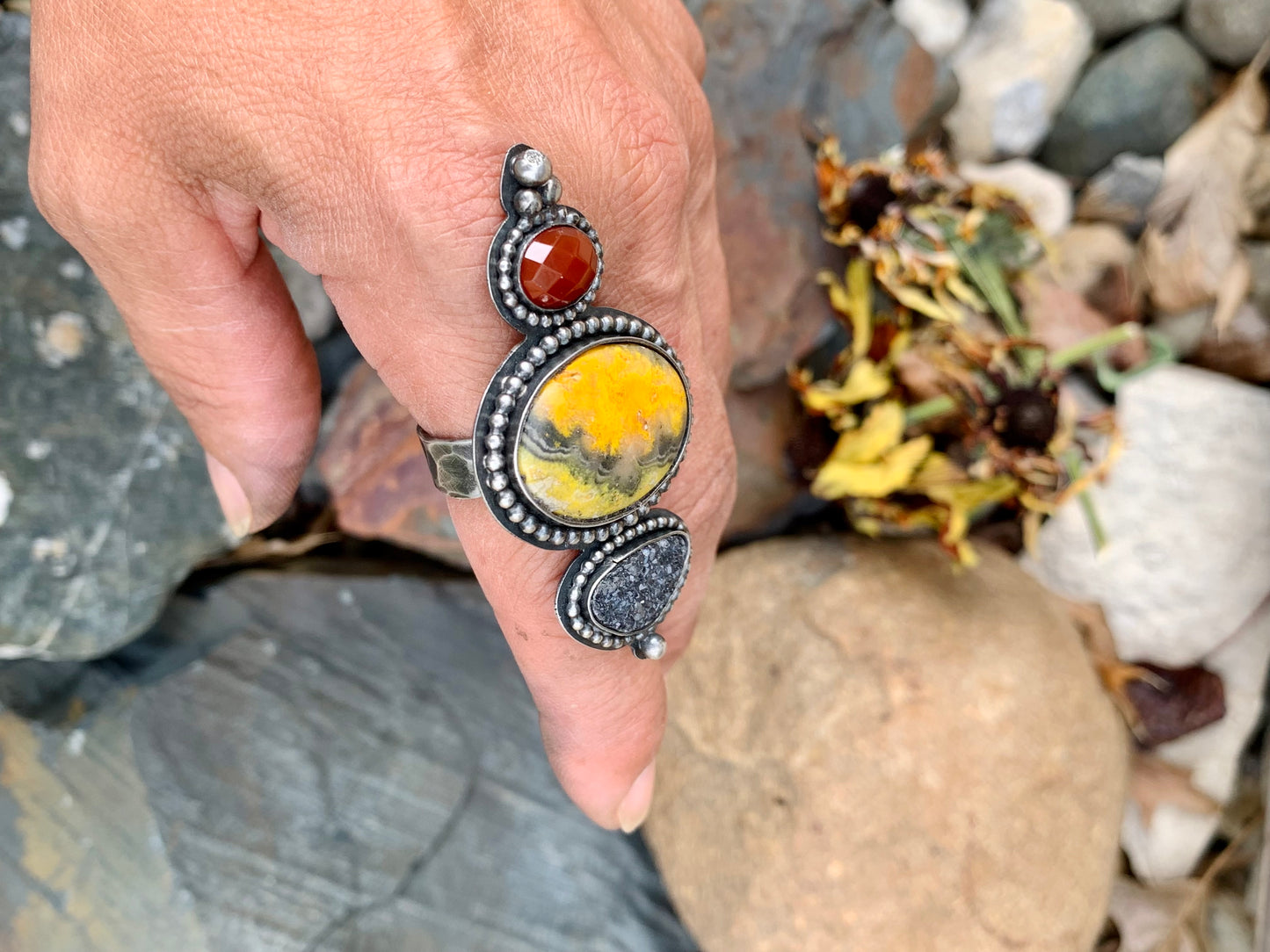 Bumblebee Jasper Faceted Carnelian and Black Druzy Adjustable Ring