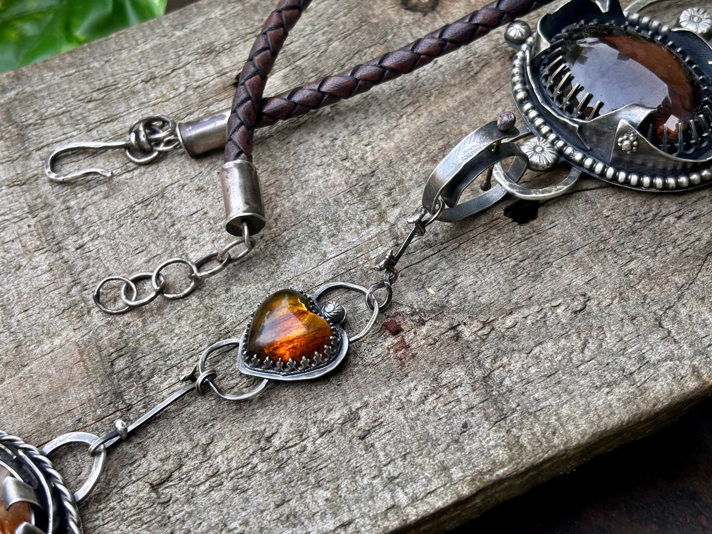 Sterling Silver Smokey Quartz Citrine Amber heart  Choker Necklace