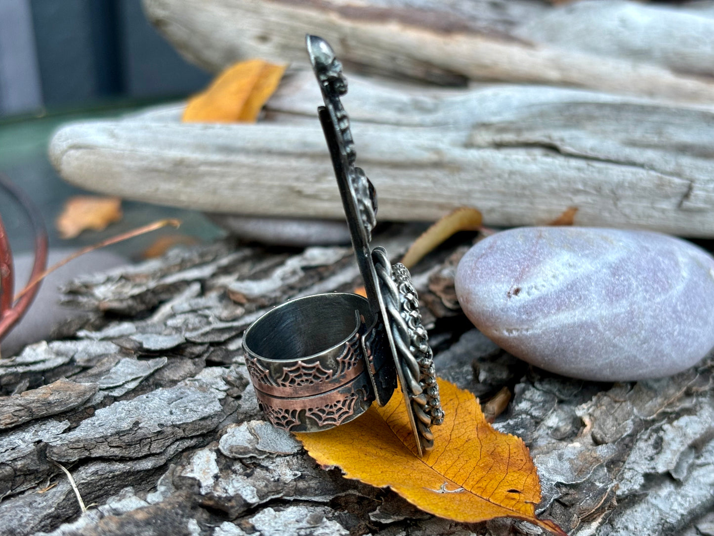 Halloween Sterling Silver with Copper Webbed Band Skull Crossbones Labradorite Garnet Ring