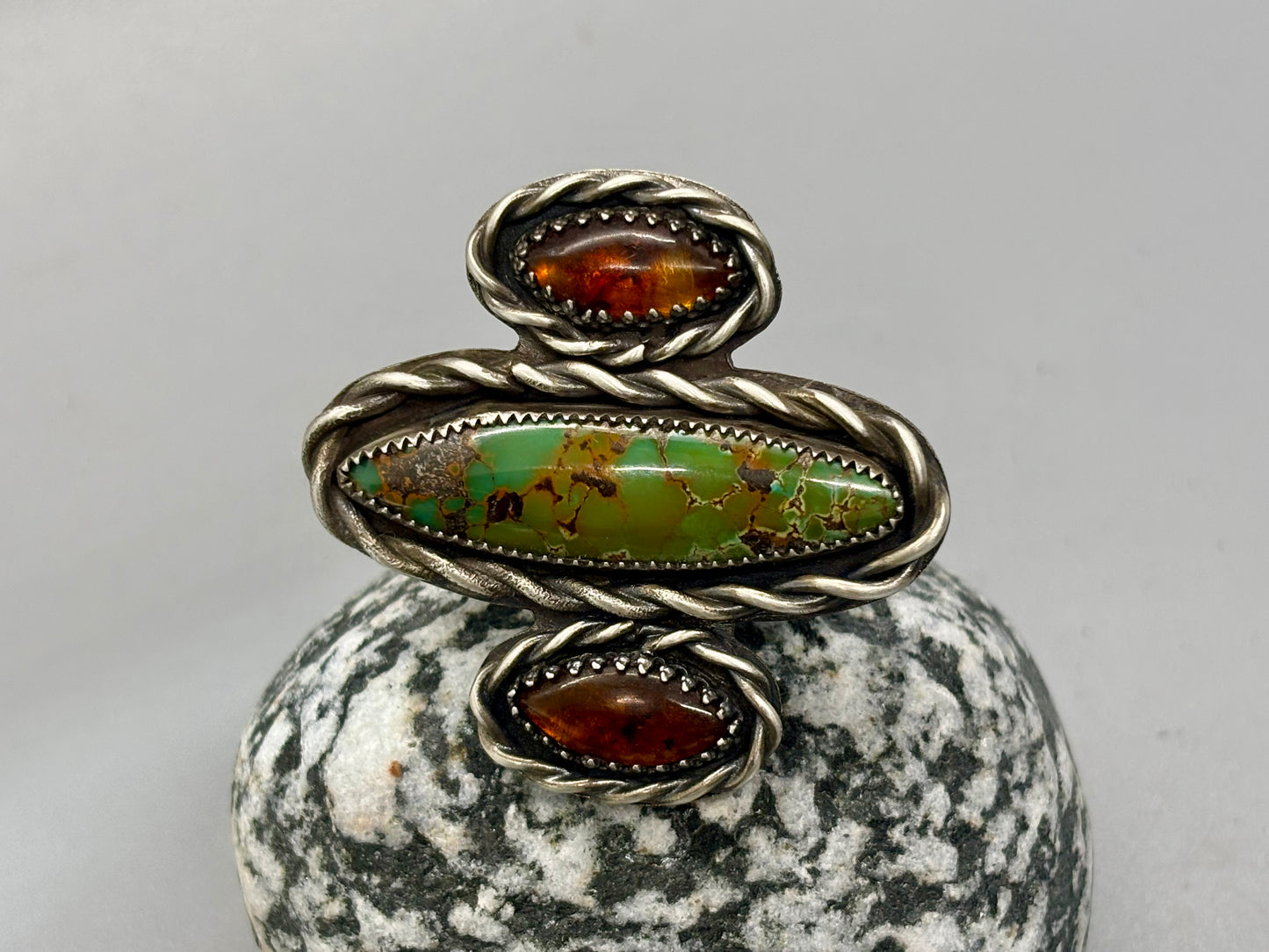 Sterling Silver Bamboo Mountain Turquoise Baltic Amber Adjustable Ring
