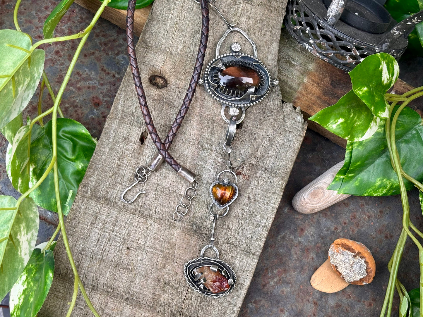 Sterling Silver Smokey Quartz Citrine Amber heart  Choker Necklace
